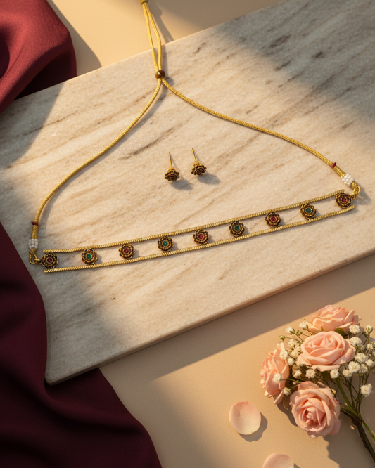 Dual Line Floral Stone Choker Set