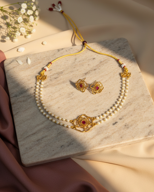 Floral Ruby Pearl Choker Set