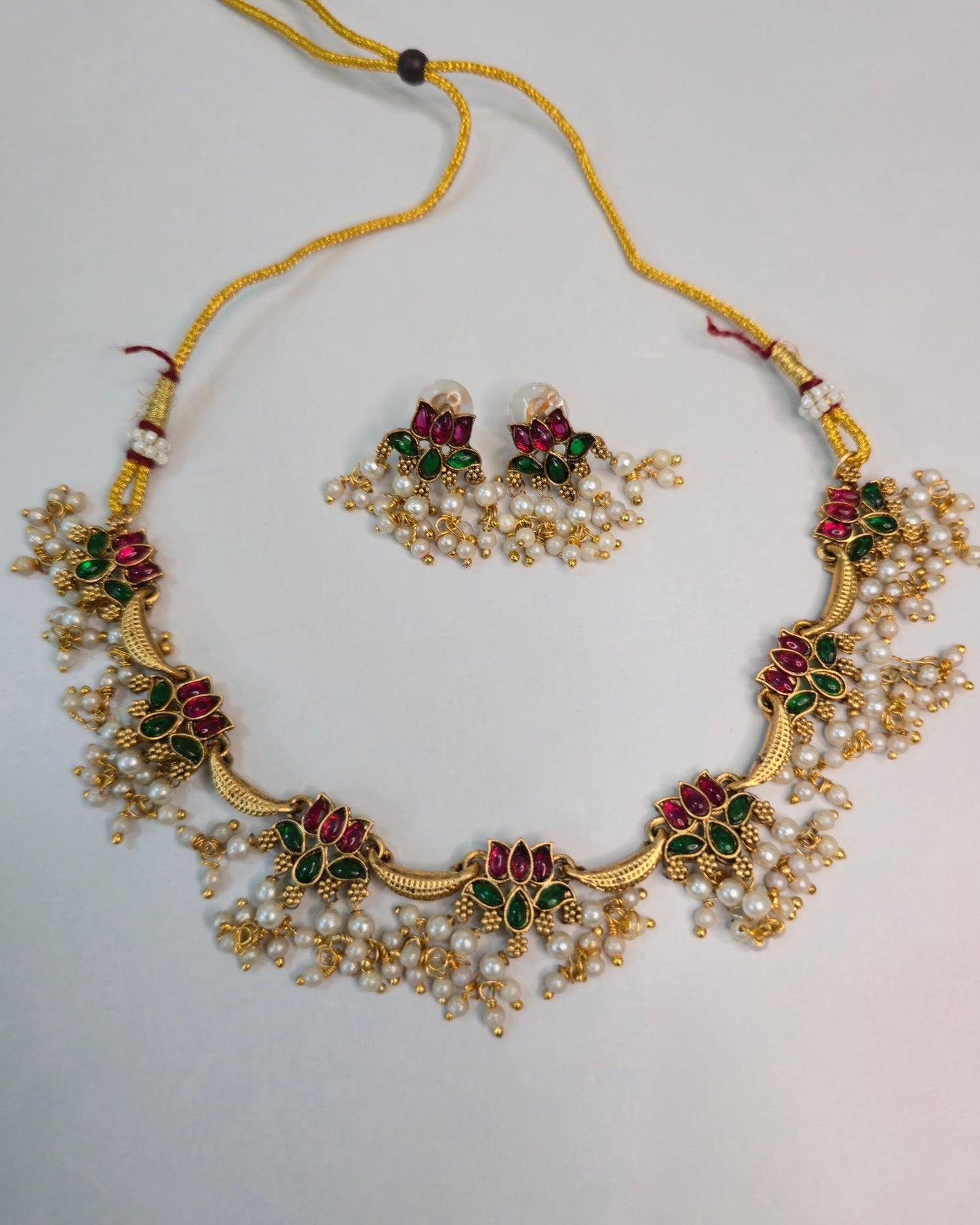Floral Pearl Drop Short Necklace Set
