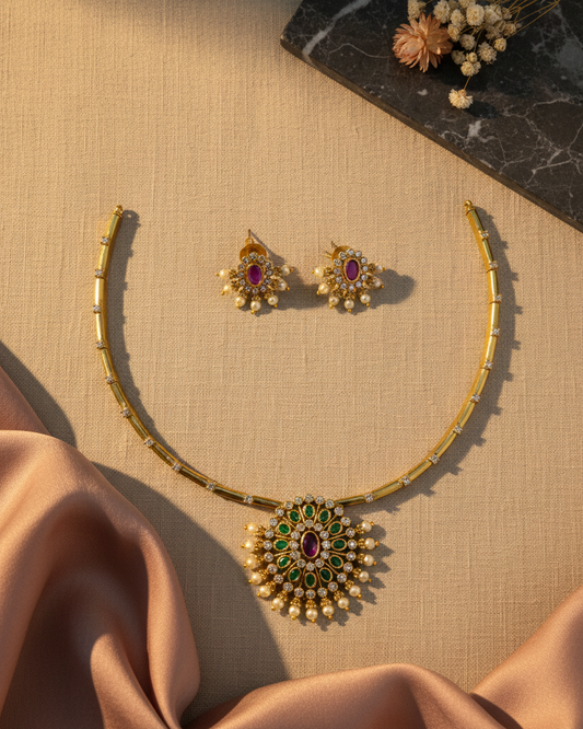 Emerald Floral Pendant Kanti Set