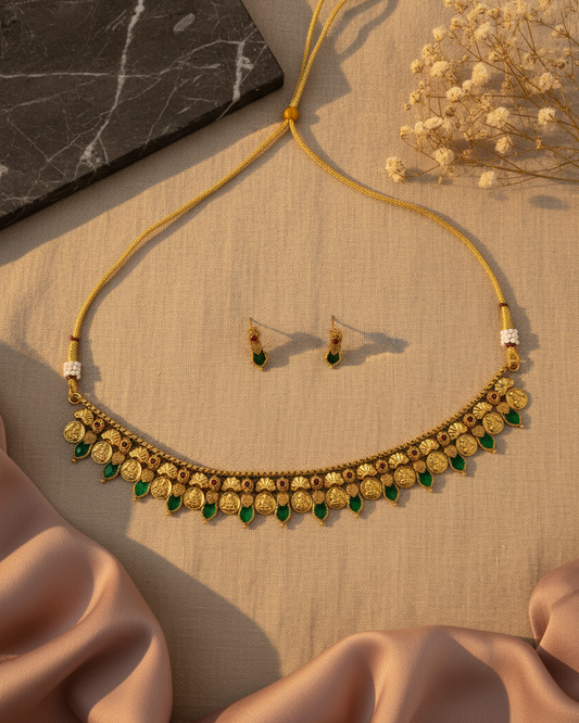 Coin Drop Green Accent Choker Set