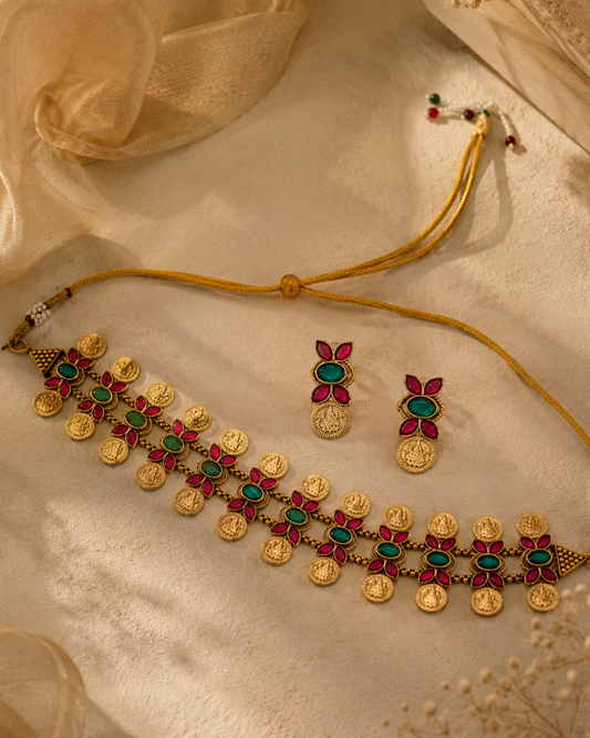 Floral Coin Green Accent Choker Set