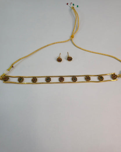 Dual Line Floral Stone Choker Set