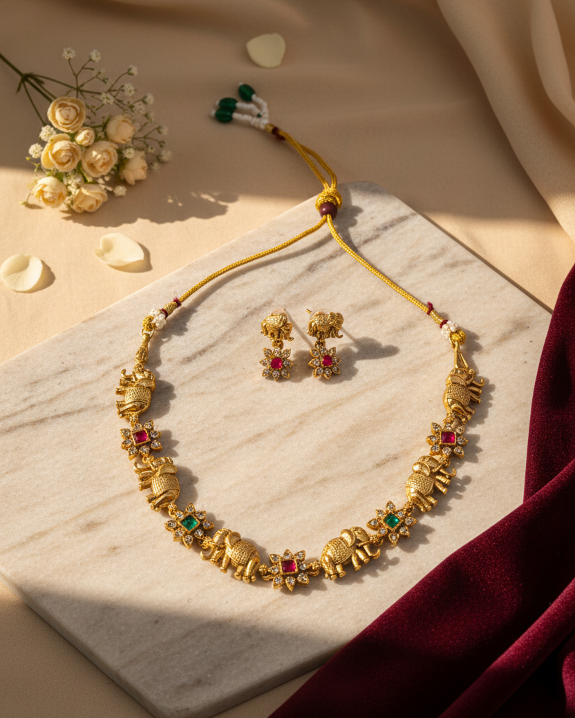 Elephant Floral Motif Necklace Set