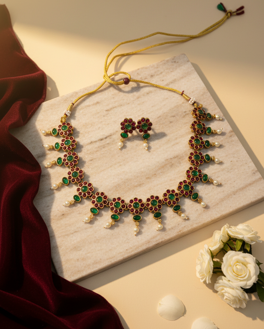 Floral Pearl Drop Necklace Set