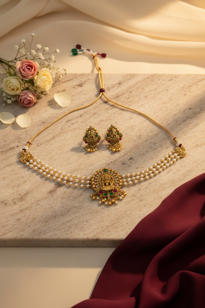 Lakshmi Motif Pearl Choker Set