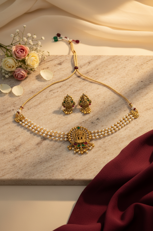 Lakshmi Motif Pearl Choker Set