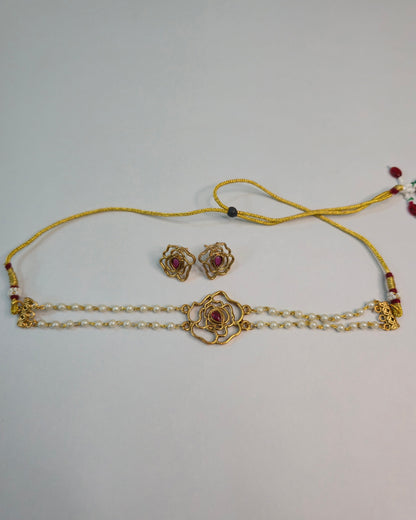 Floral Ruby Pearl Choker Set