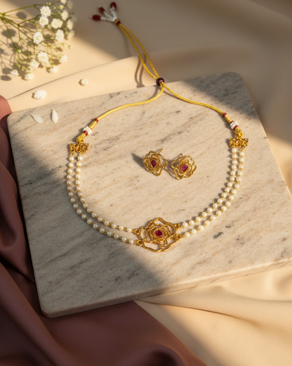 Floral Ruby Pearl Choker Set