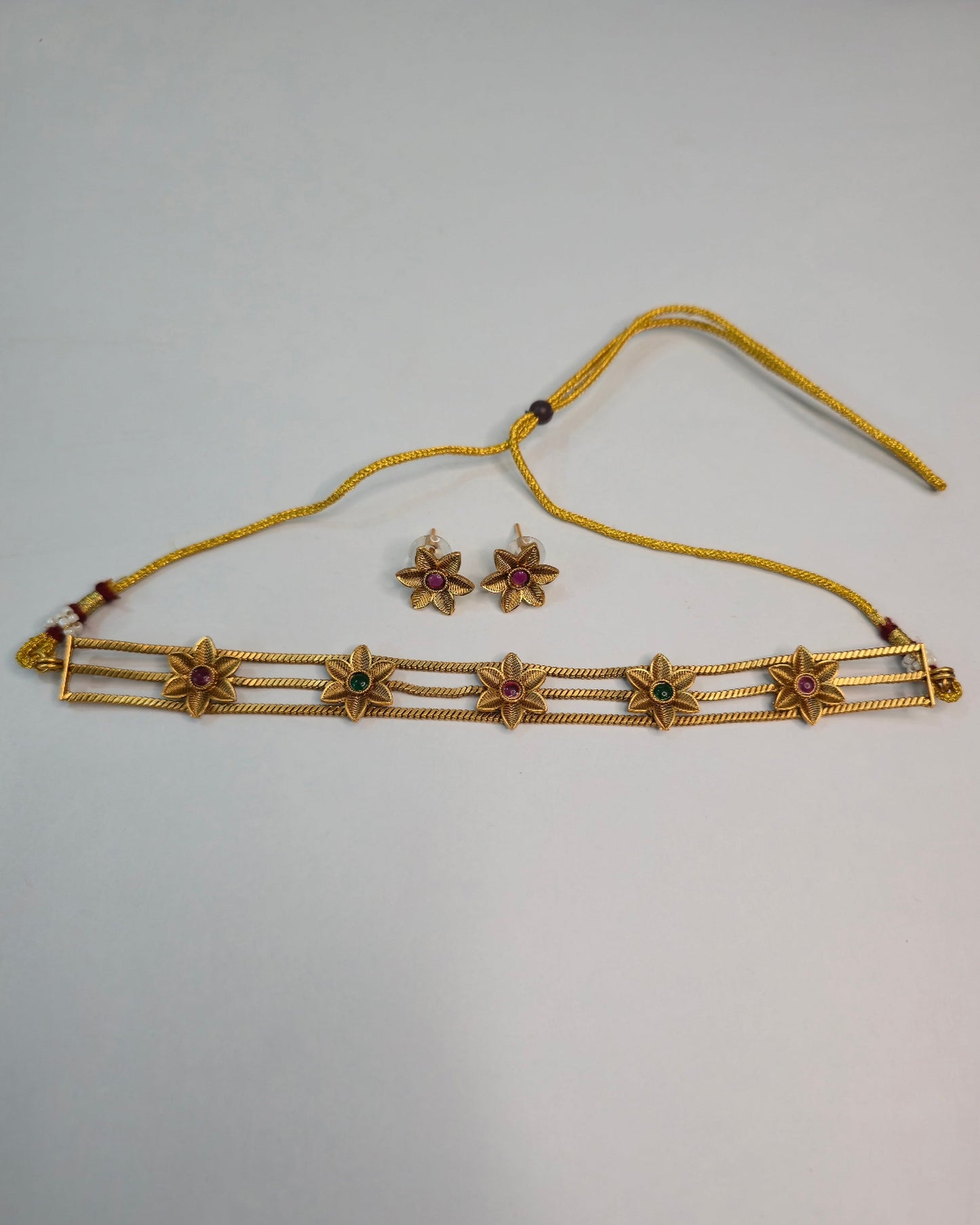Floral Multi-Stone Chain Choker Set