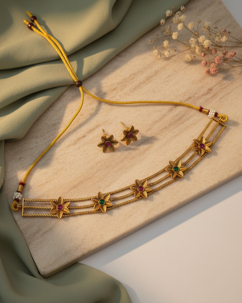Floral Multi-Stone Chain Choker Set