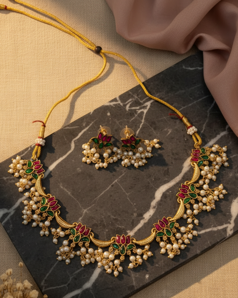 Floral Pearl Drop Short Necklace Set