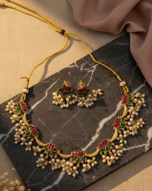 Floral Pearl Drop Short Necklace Set