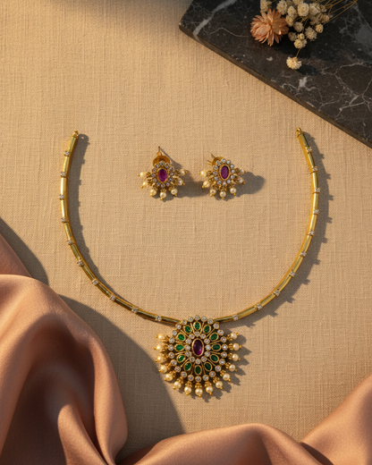 Emerald Floral Pendant Kanti Set