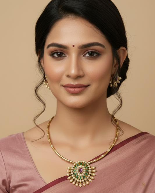 Emerald Floral Pendant Kanti Set