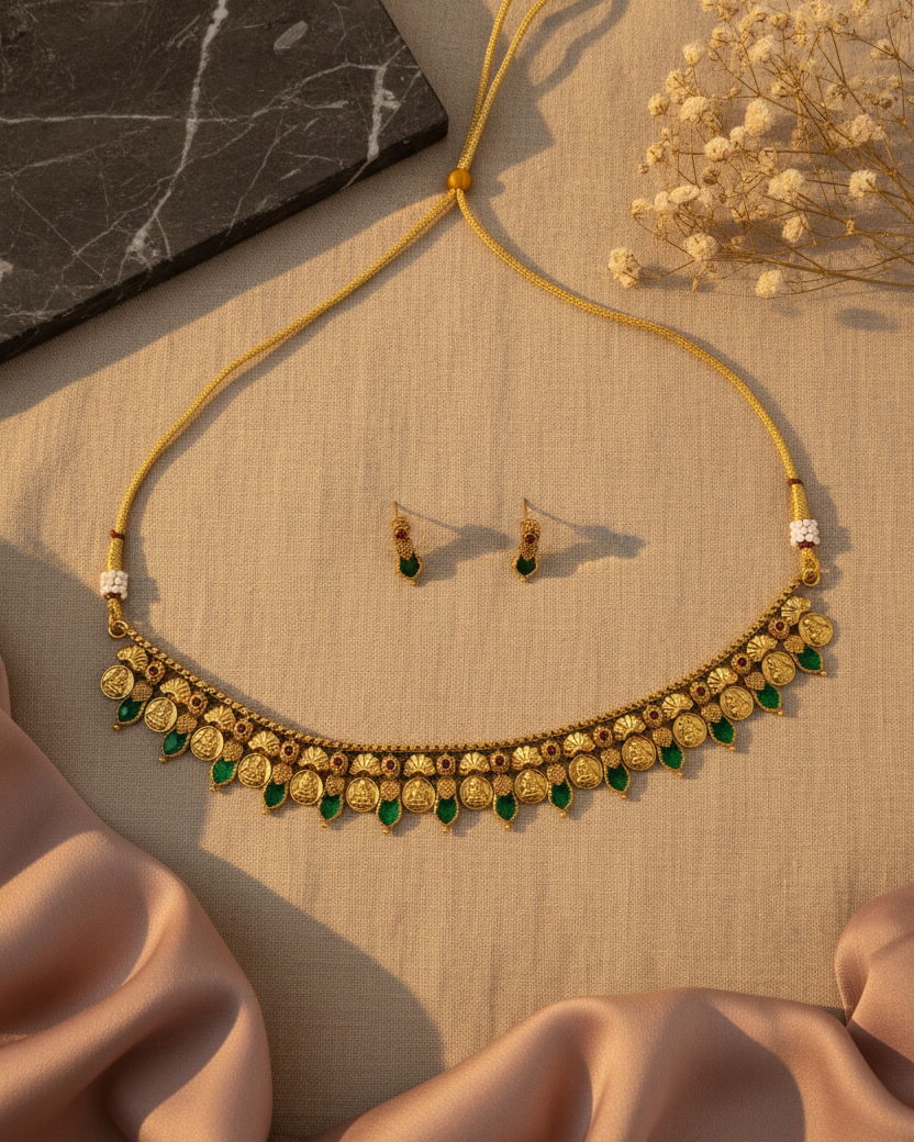 Coin Drop Green Accent Choker Set