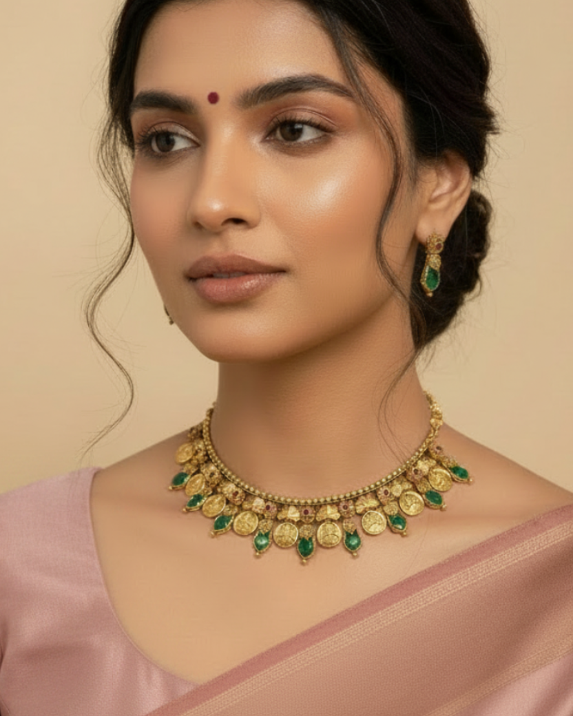 Coin Drop Green Accent Choker Set