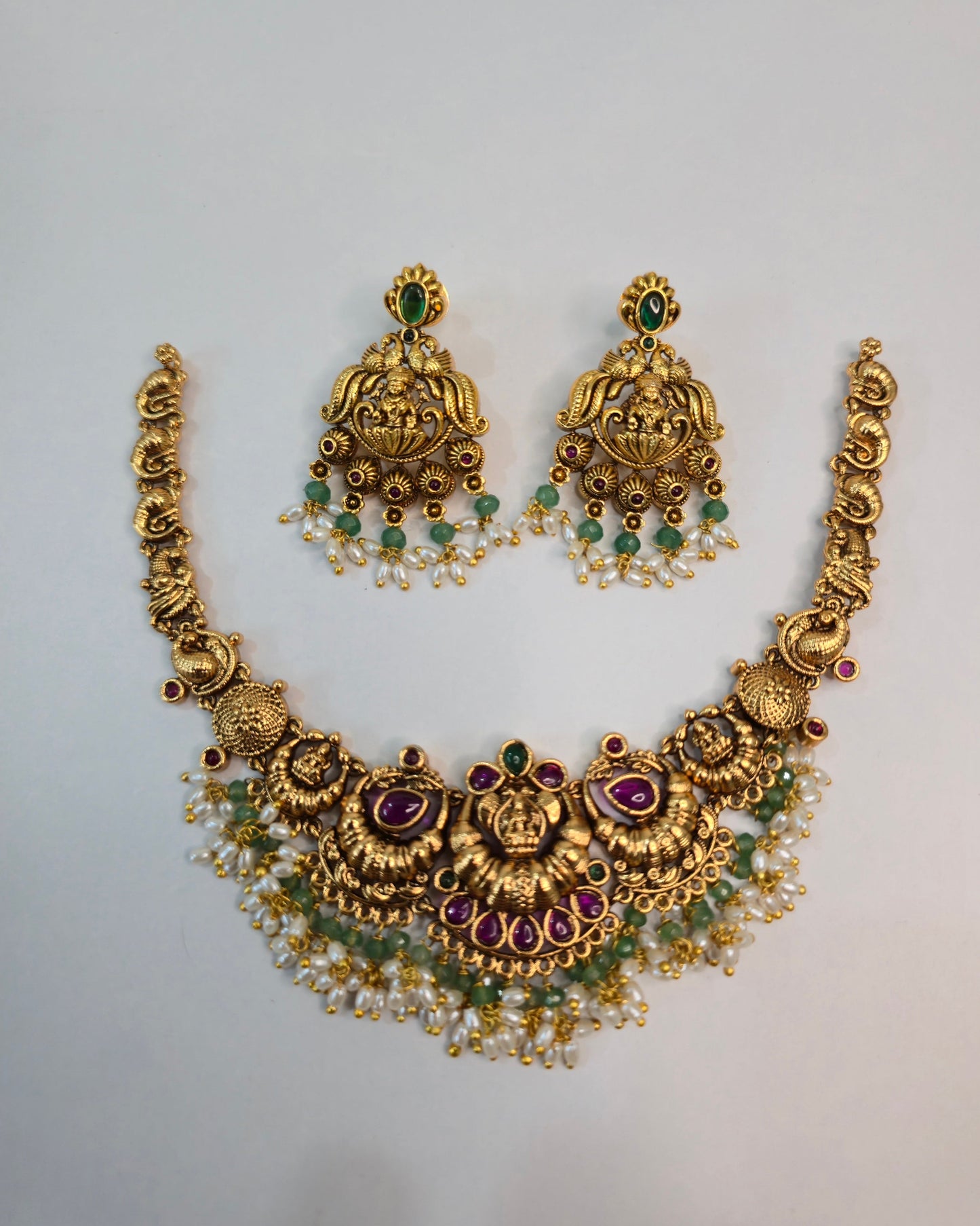 Antique Lakshmi Peacock Fringe Necklace Set