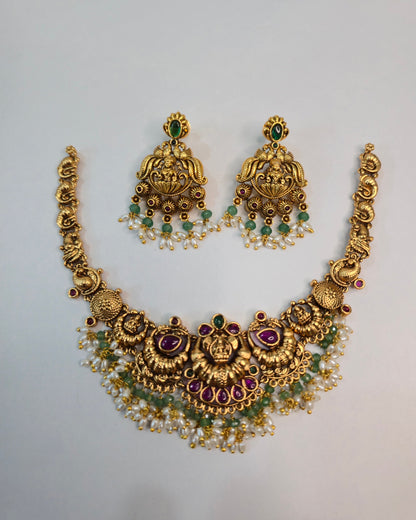 Antique Lakshmi Peacock Fringe Necklace Set