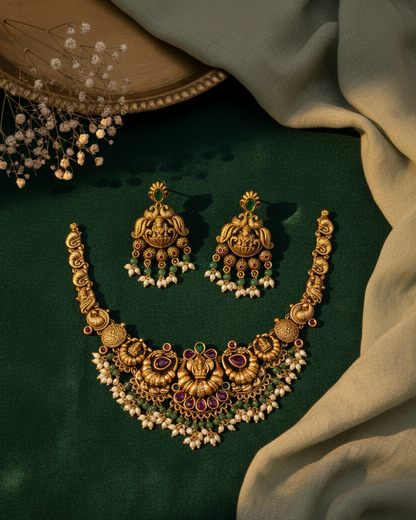 Antique Lakshmi Peacock Fringe Necklace Set