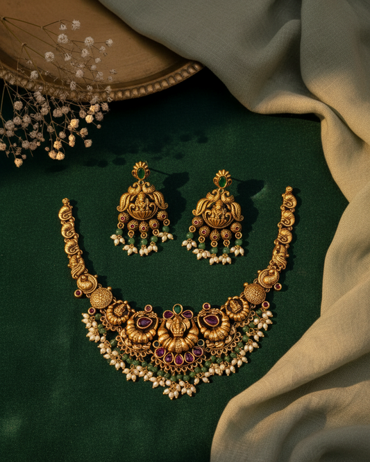 Antique Lakshmi Peacock Fringe Necklace Set
