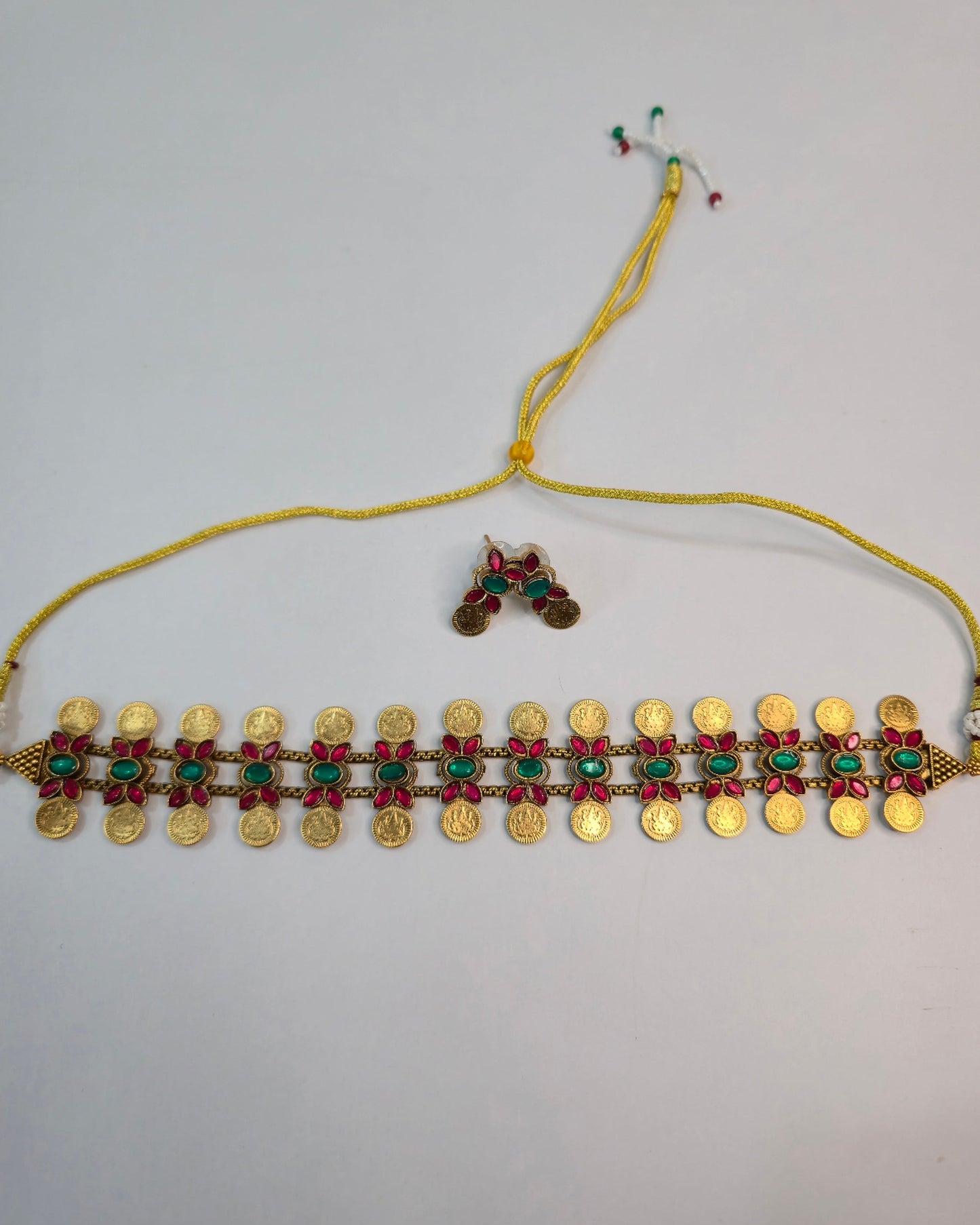 Floral Coin Green Accent Choker Set