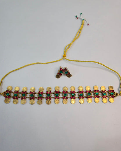 Floral Coin Green Accent Choker Set