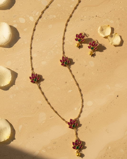 Lotus Drop Long Necklace Set