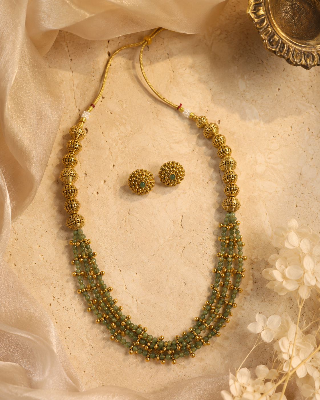 Aadhya Green Beaded Layered Necklace Set
