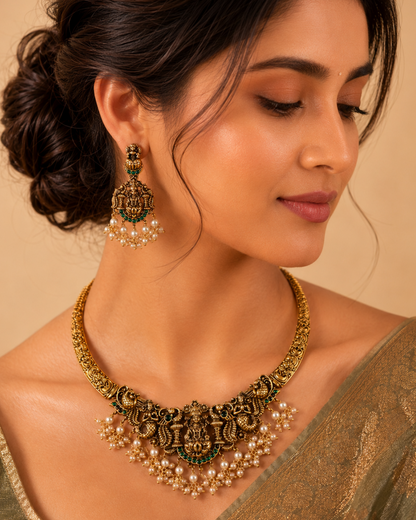 Mahika Lakshmi Pearl Temple Necklace Set