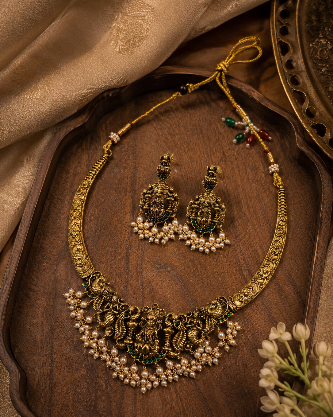 Mahika Lakshmi Pearl Temple Necklace Set