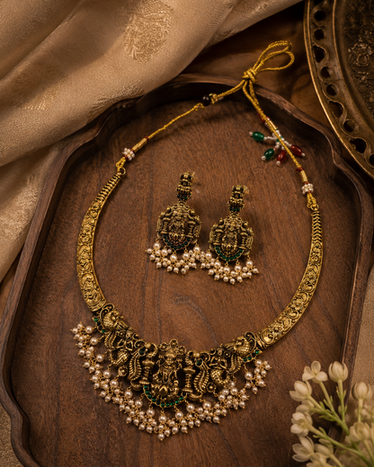 Mahika Lakshmi Pearl Temple Necklace Set