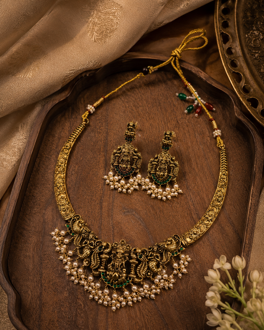 Mahika Lakshmi Pearl Temple Necklace Set