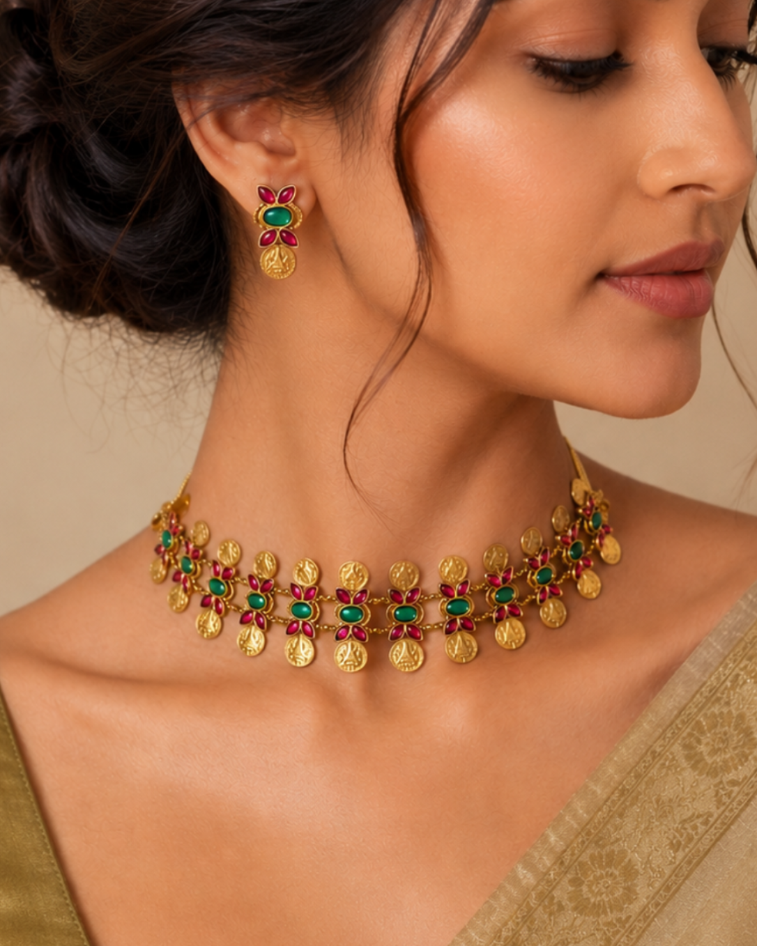 Floral Coin Green Accent Choker Set