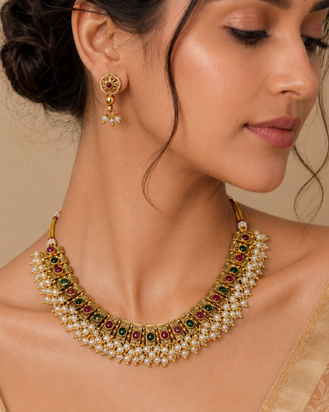 Anagha Pearl Fringe Necklace Set