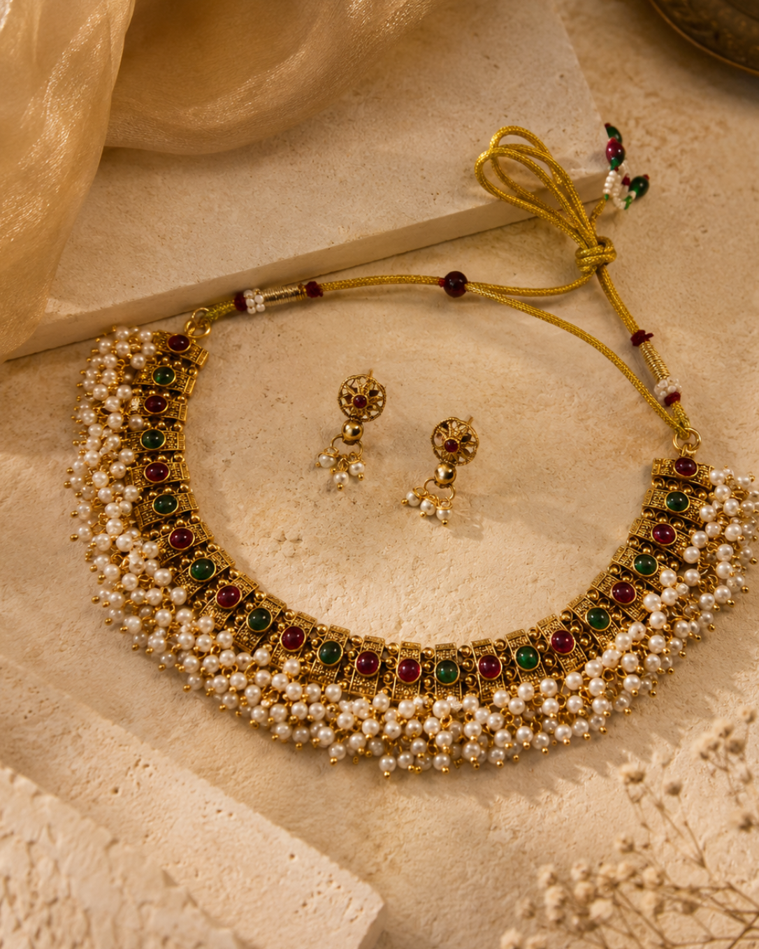 Anagha Pearl Fringe Necklace Set
