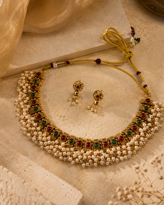 Anagha Pearl Fringe Necklace Set