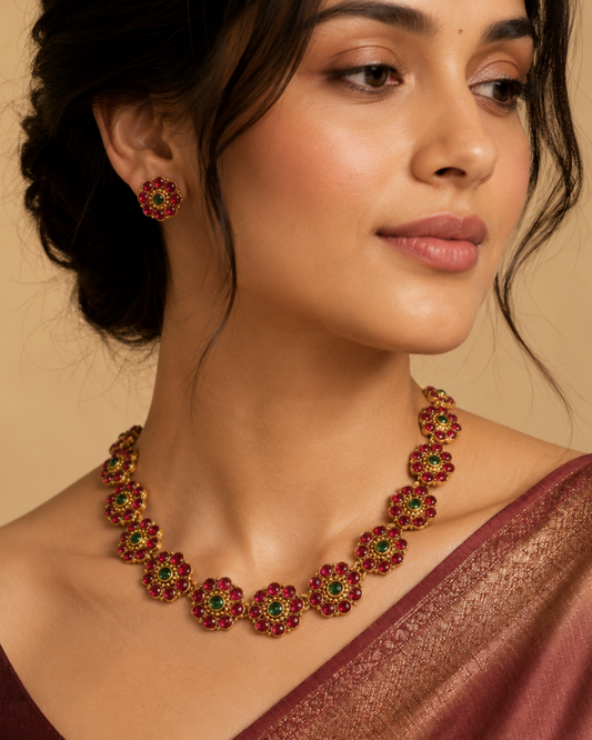 Ruby Floral Stone Necklace Set