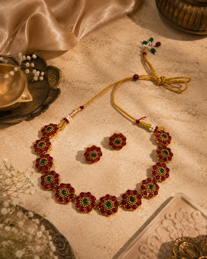 Ruby Floral Stone Necklace Set