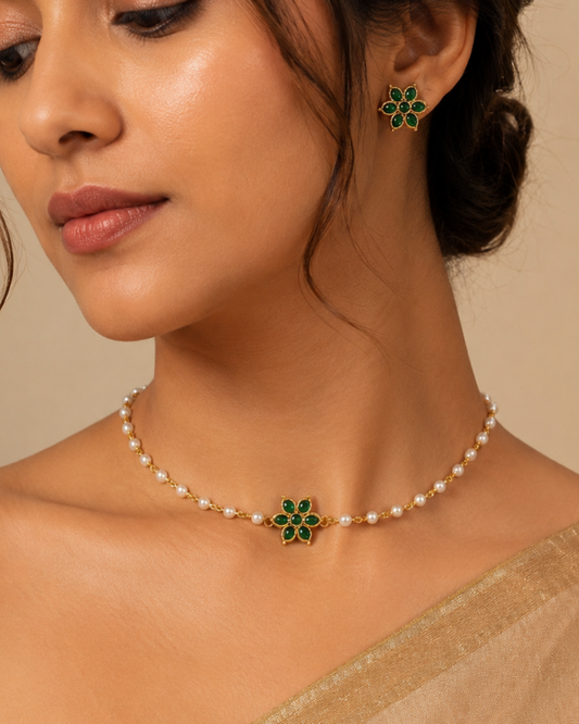 Emerald Floral Pearl Choker Set