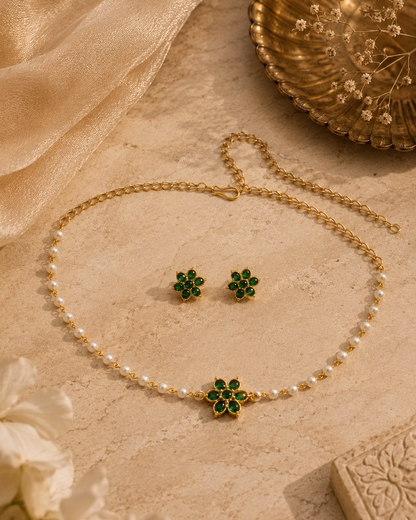 Emerald Floral Pearl Choker Set