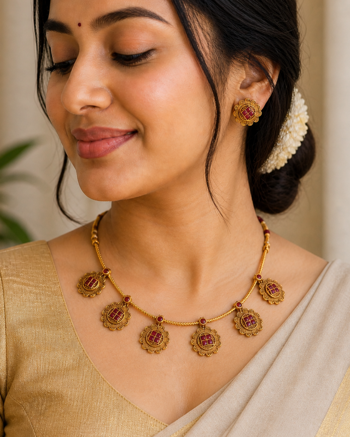 Floral Ruby Motif Necklace Set