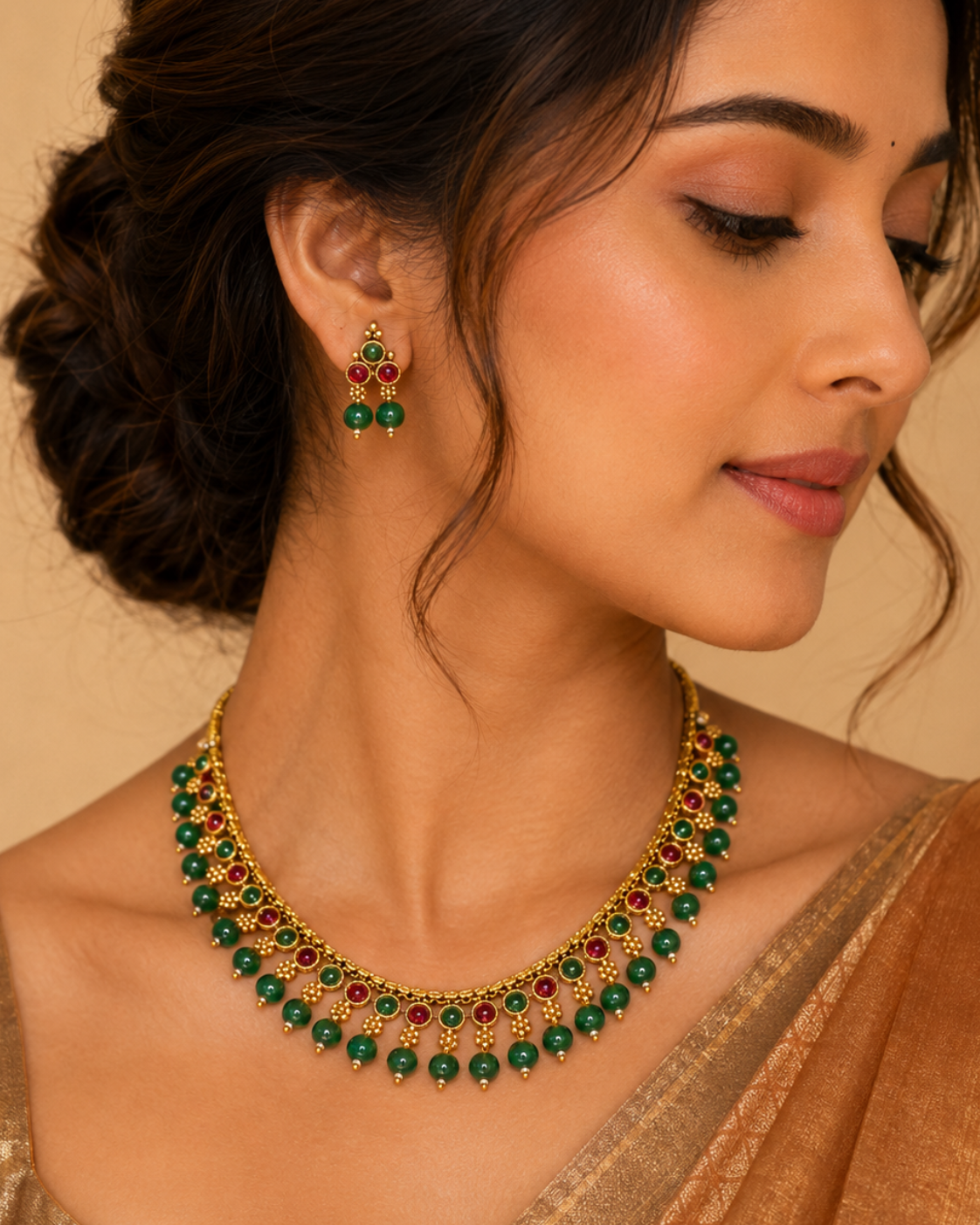 Emerald Ruby Fringe Necklace Set