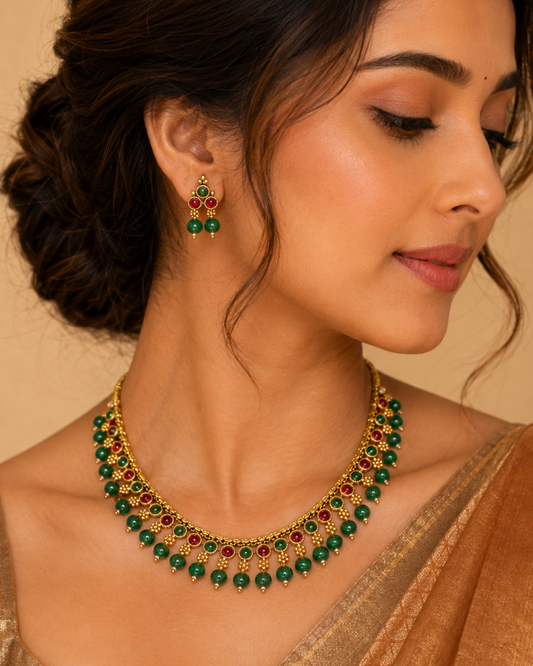 Emerald Ruby Fringe Necklace Set