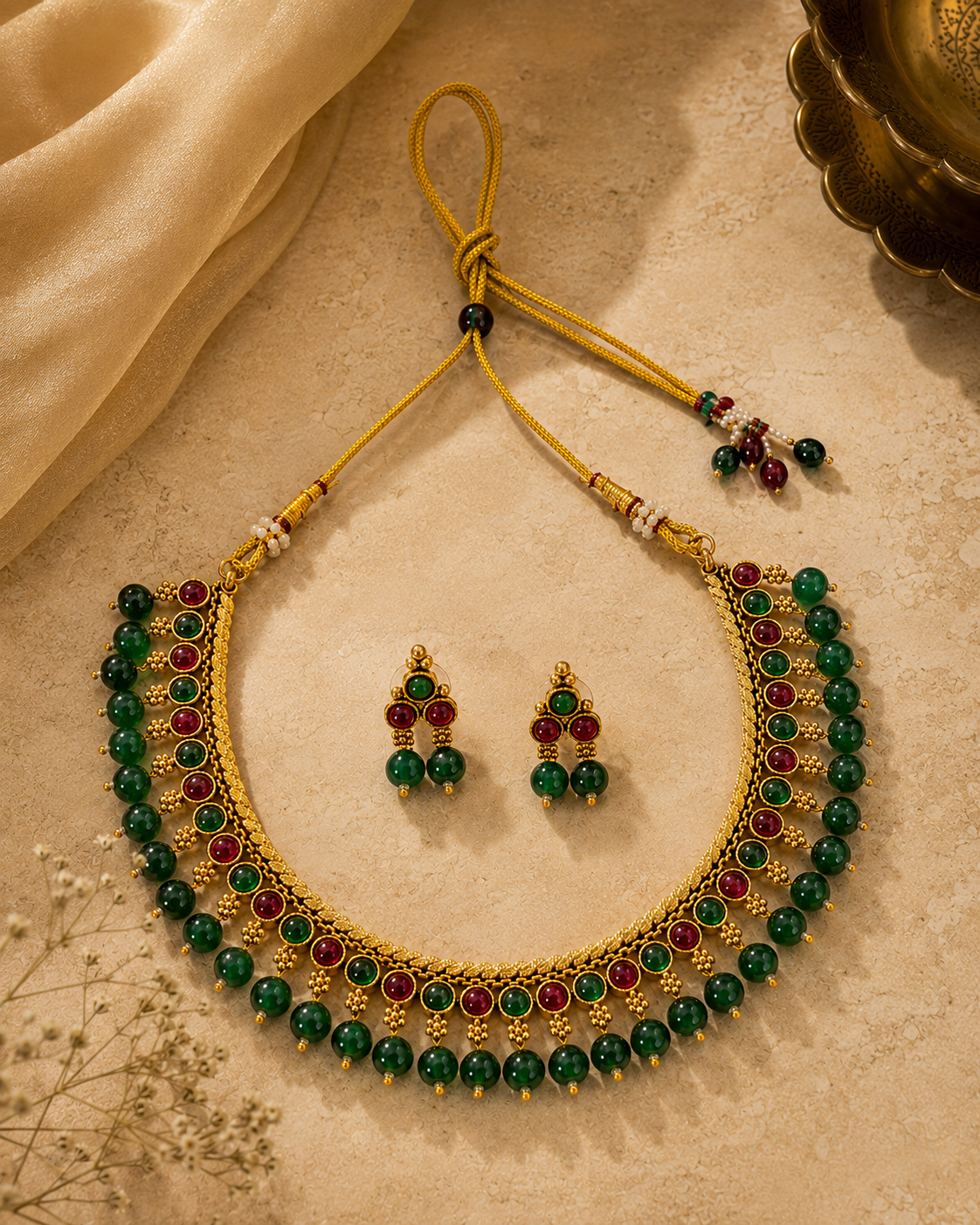 Emerald Ruby Fringe Necklace Set