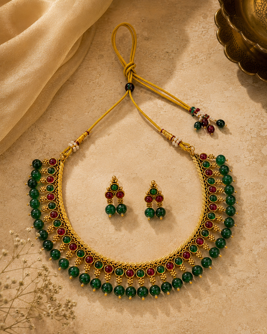 Emerald Ruby Fringe Necklace Set