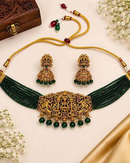 Emerald Lakshmi Beaded Choker Set
