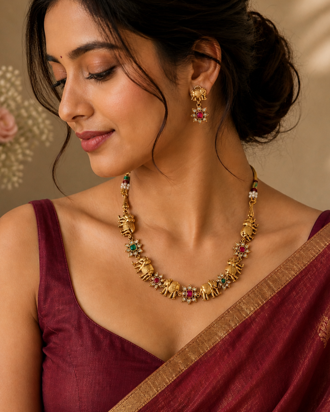 Elephant Floral Motif Necklace Set