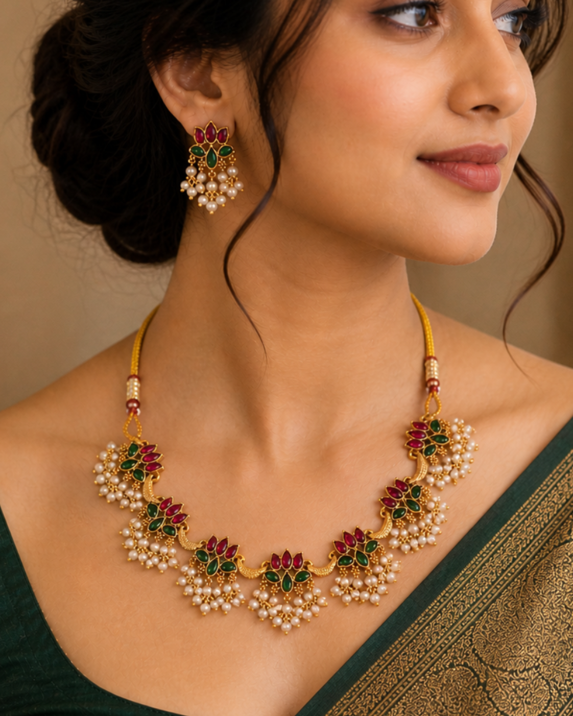Floral Pearl Drop Short Necklace Set