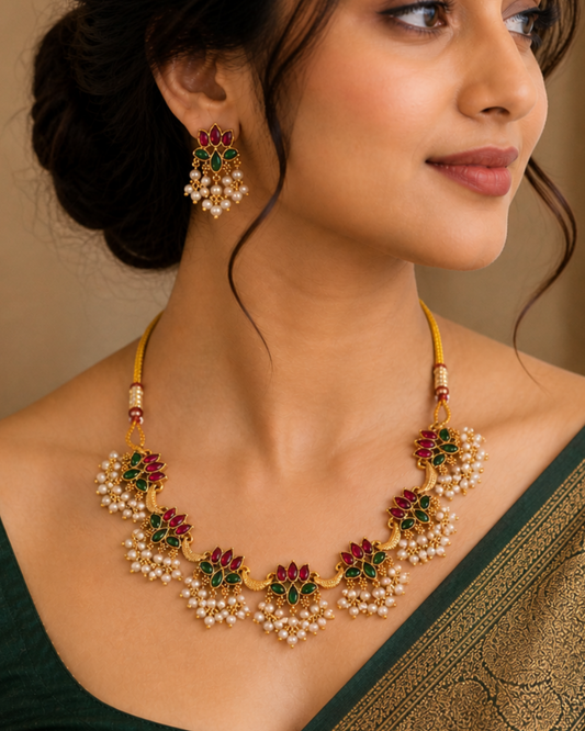 Floral Pearl Drop Short Necklace Set